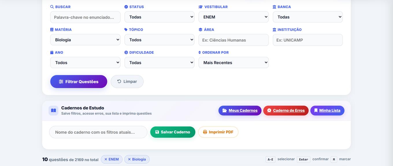 Filtros do banco de questões por vestibular, banca, matéria, tópico, ano e dificuldade, com cadernos de estudo