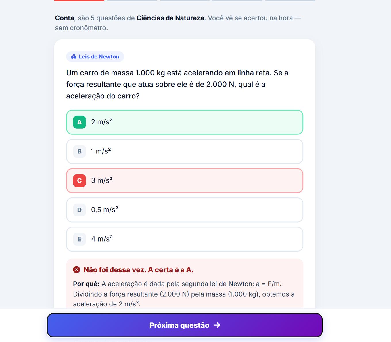 Questão da missão respondida, com a alternativa certa destacada e a explicação do porquê