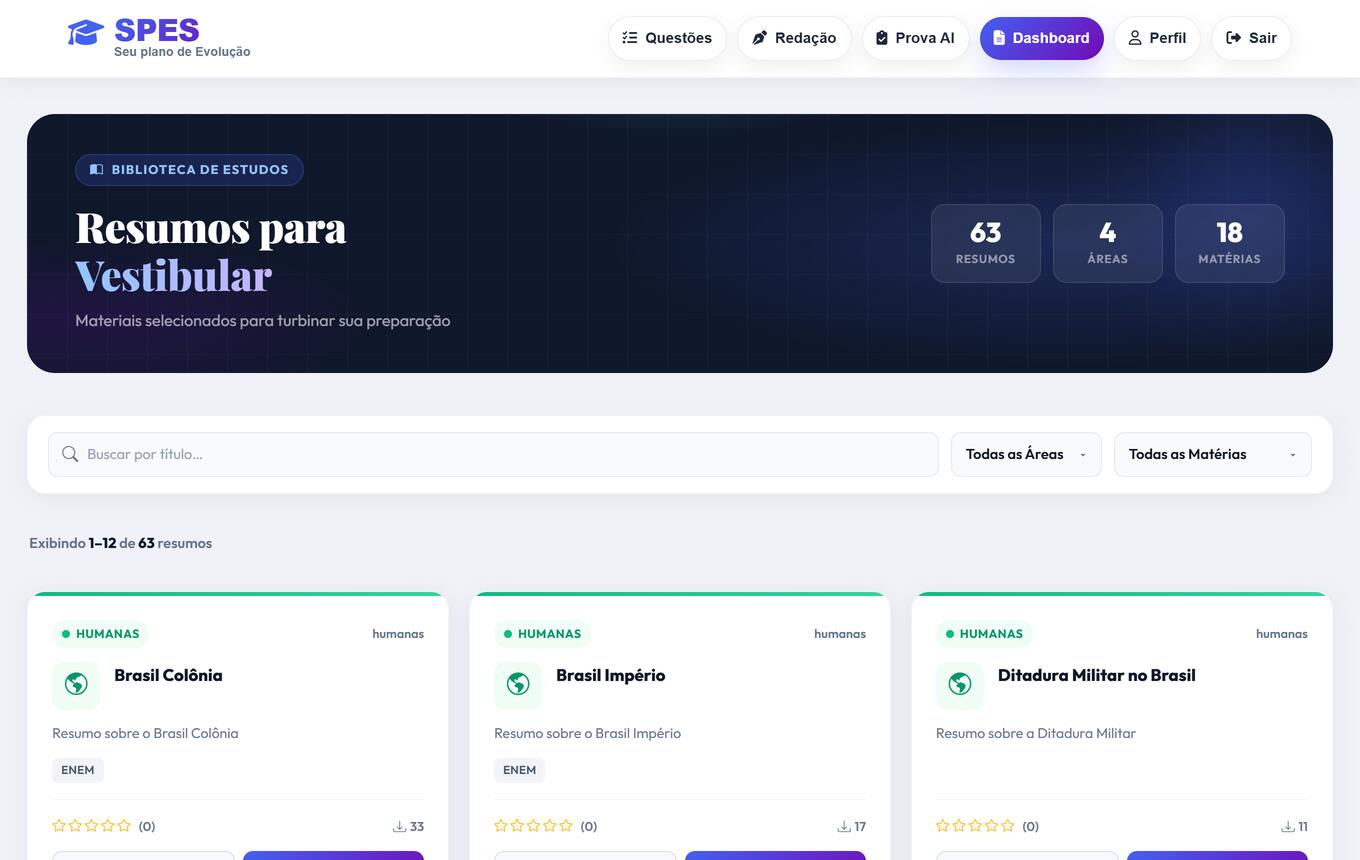 Biblioteca de resumos com busca e filtros por área e matéria