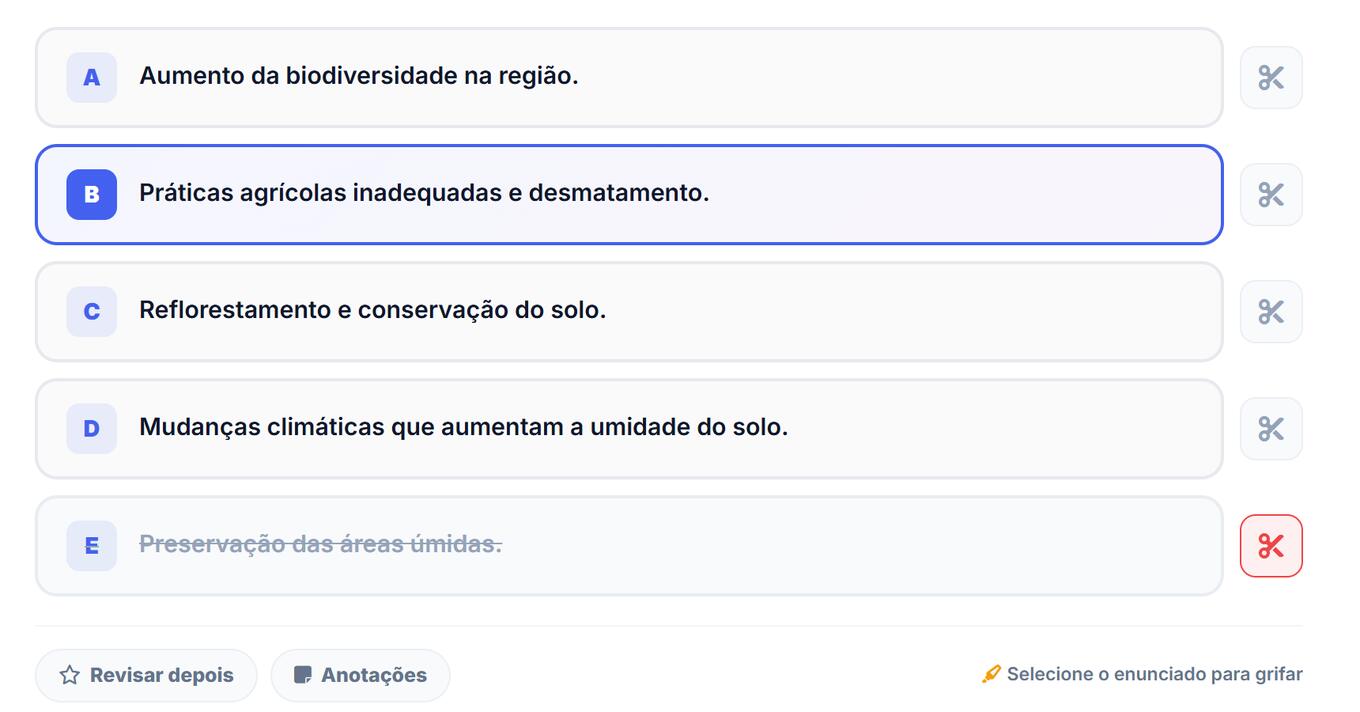 Alternativas de uma questão do simulado, com uma eliminada pela tesoura e as opções Revisar depois e Anotações