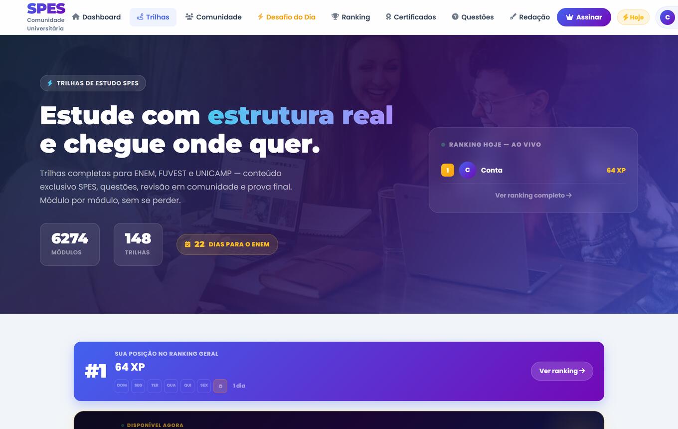 Página de trilhas de estudo com o total de módulos e trilhas e o ranking do dia